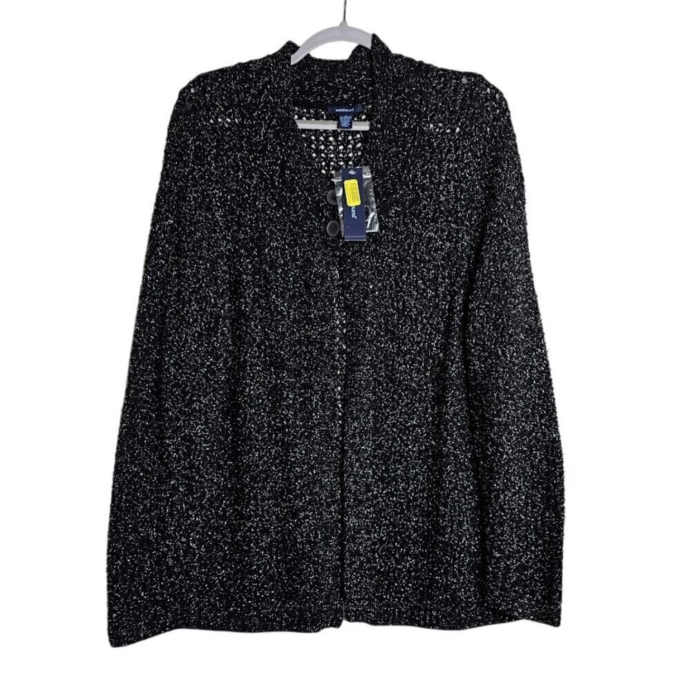 NWT WESTBOUND Cardigan Sweater Top size L BLACK & SILVER Open Knit Buttons Cozy